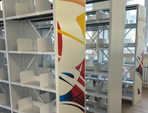 Стеллажи для библиотеки с цветовой печатью на лицевых панелях